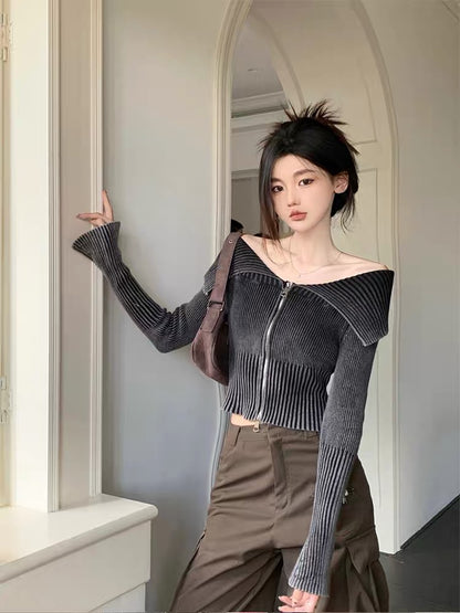 Fashionable atmosphere gradient one-shoulder lapel sweater for women autumn slim chic niche sweet and spicy short cardigan