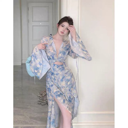 French floral v-neck hollow long-sleeved dress women's summer tea break skirt tie-up slit sexy mid-length skirt