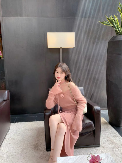 ByYou Early Autumn Pink One Shoulder Mohair Sweater Women's Short Waist Design Ribbon Chic Sweater