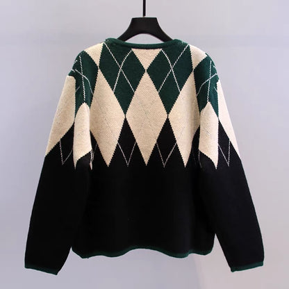 Contrasting color rhombus sweater jacket women autumn and winter 2023 new retro loose college style knitted cardigan