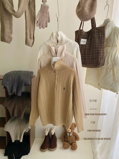 Old money retro half zipper stand collar pony embroidery cable knit sweater women autumn and winter pullover casual all-match knitted top