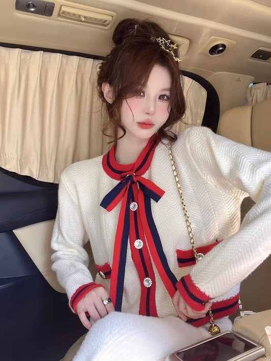 Long-sleeved knitted cardigan autumn and winter design niche contrast color soft waxy sweater women's 2023 new outer top