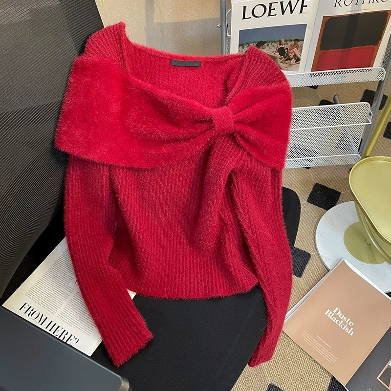 Soft waxy bow knitted sweater for women 2023 new autumn red slim fit and versatile one-shoulder long-sleeved sweater top