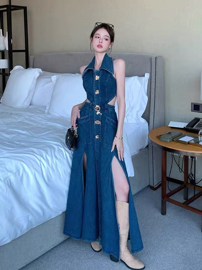 French retro sleeveless denim dress women's summer temperament high-end sexy hollow out waist slit unique long skirt