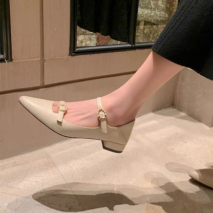 Girl Twin Flowers!  Low-heeled Mary Jane shoes pointed toe spring and autumn temperament shallow mouth single shoes square toe chunky heel ladies shoes