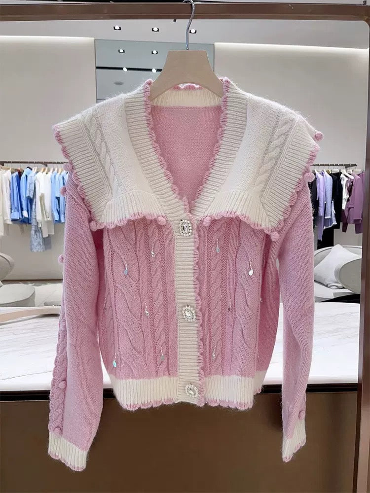 Buyer store high-end beaded button pink lapel knitted sweater for women 2023 early autumn new loose age-reducing top T9795