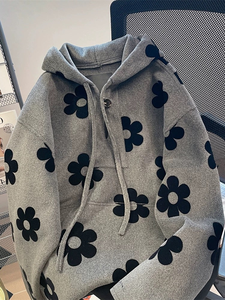 European goods, unique design, flower wool sweatshirt, men and women, spring and autumn lazy style, loose casual hooded jacket