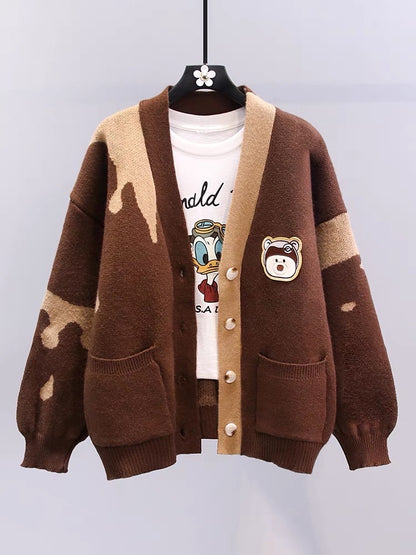 Japanese cartoon sweater cardigan women's jacket autumn and winter 2023 new loose college style age-reducing V-neck knitted top