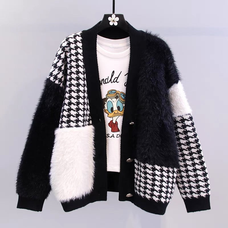 Xiaoxiangfeng mink velvet houndstooth sweater jacket women autumn and winter 2023 new loose and versatile western style knitted cardigan