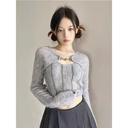 Autumn small fragrance fashion hollow sun protection sweater for women pure desire sexy slimming simple and versatile two-piece set