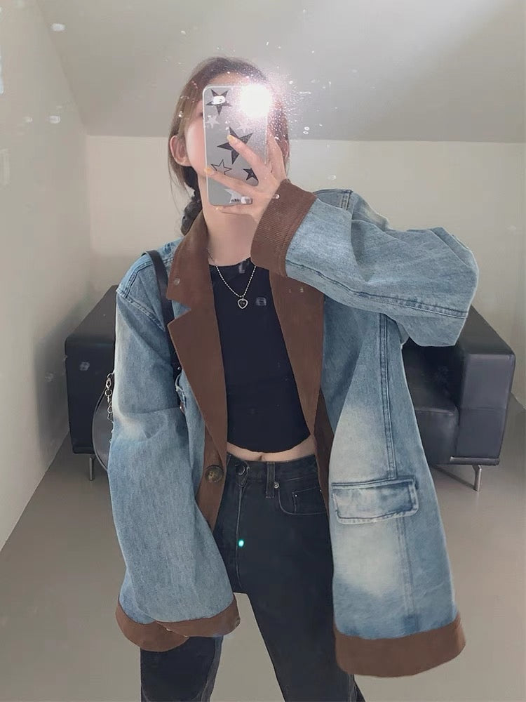 American retro corduroy stitching suit denim jacket female spring and autumn high-quality loose bf lazy silhouette top