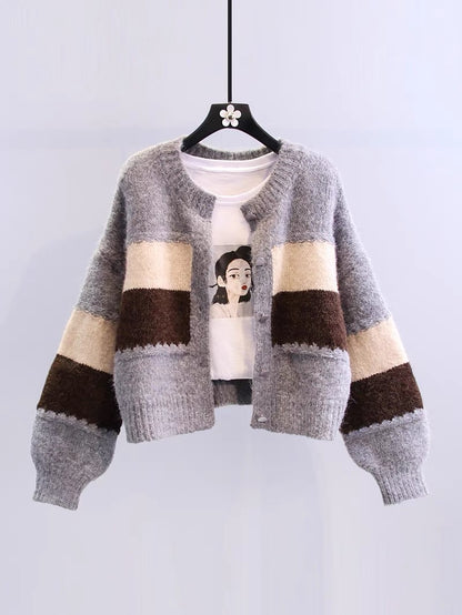 Retro Hong Kong style contrast color sweater jacket for women autumn and winter 2023 new Japanese style loose outer wear short knitted cardigan