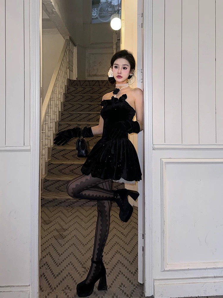 Aunt Barbie New Year's Puffy Dress Women's Winter New Sexy Royal Sister Tube Top Little Black Skirt Annual Meeting Robe