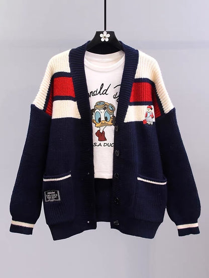 Japanese cartoon sweater jacket for women autumn and winter 2023 new loose college style mid-length color-blocked knitted cardigan