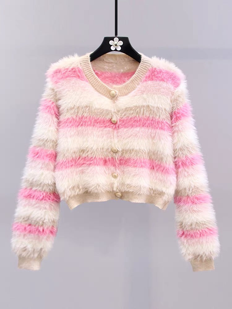 Gentle style striped mink sweater jacket for women autumn and winter 2023 new style foreign style short slim knitted cardigan