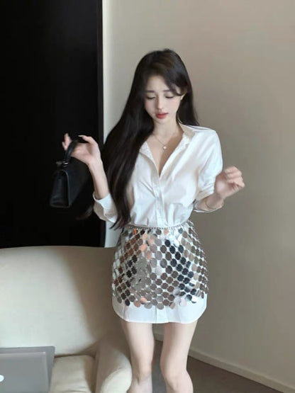 White temperament polo collar long-sleeved shirt female summer Korean version sexy loose shirt niche sunscreen casual top