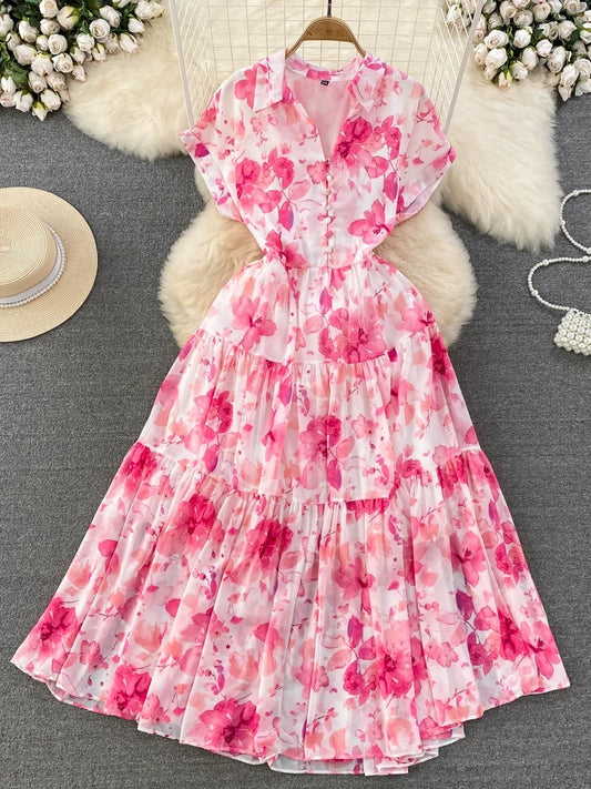 Gentle style floral long skirt French retro temperament short sleeve lapel waist slim a-line floral dress summer