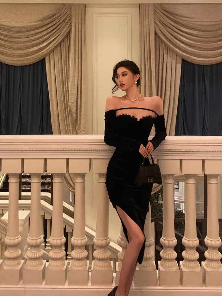 Black velvet dress outlet off shoulder