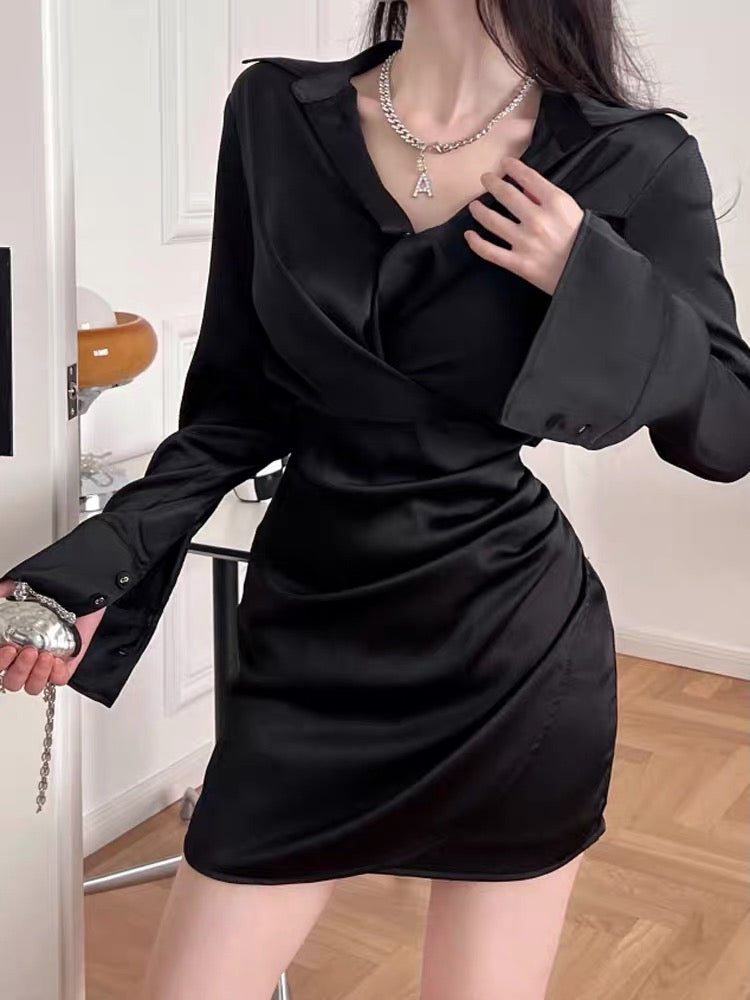 French royal sister temperament high-end sexy waist bag hip long-sleeved black satin shirt dress women spring and autumn