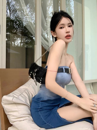 Gradient color denim tube top dress female summer high-end pure desire hot girl sexy bag hip slit sleeveless skirt