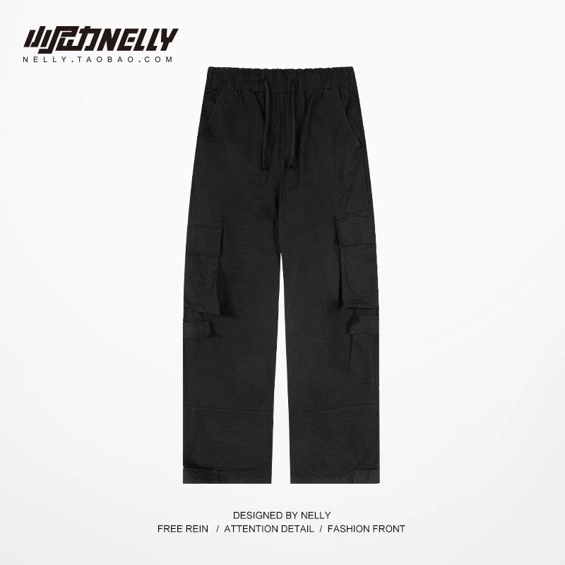 Original trendy brand multi-pocket overalls for men and women high street all-match loose straight drawstring adjustable leg pants cropped pants