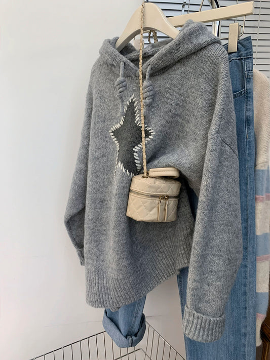 Gray hooded sweater sweater women autumn and winter pullover lazy style outer wear small size knitted sweater 2023 new