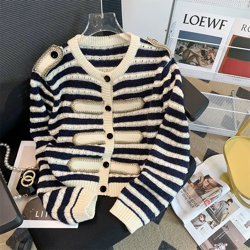 2023 new autumn chain hot diamond cardigan round neck striped color matching gold thread hollow long-sleeved knitted jacket top