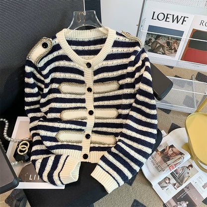 2023 new autumn chain hot diamond cardigan round neck striped color matching gold thread hollow long-sleeved knitted jacket top