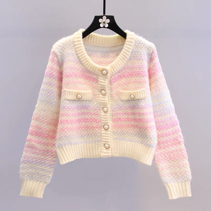 Japanese small fresh rainbow sweater jacket women 2023 autumn and winter new fashion foreign style age-reducing short knitted cardigan