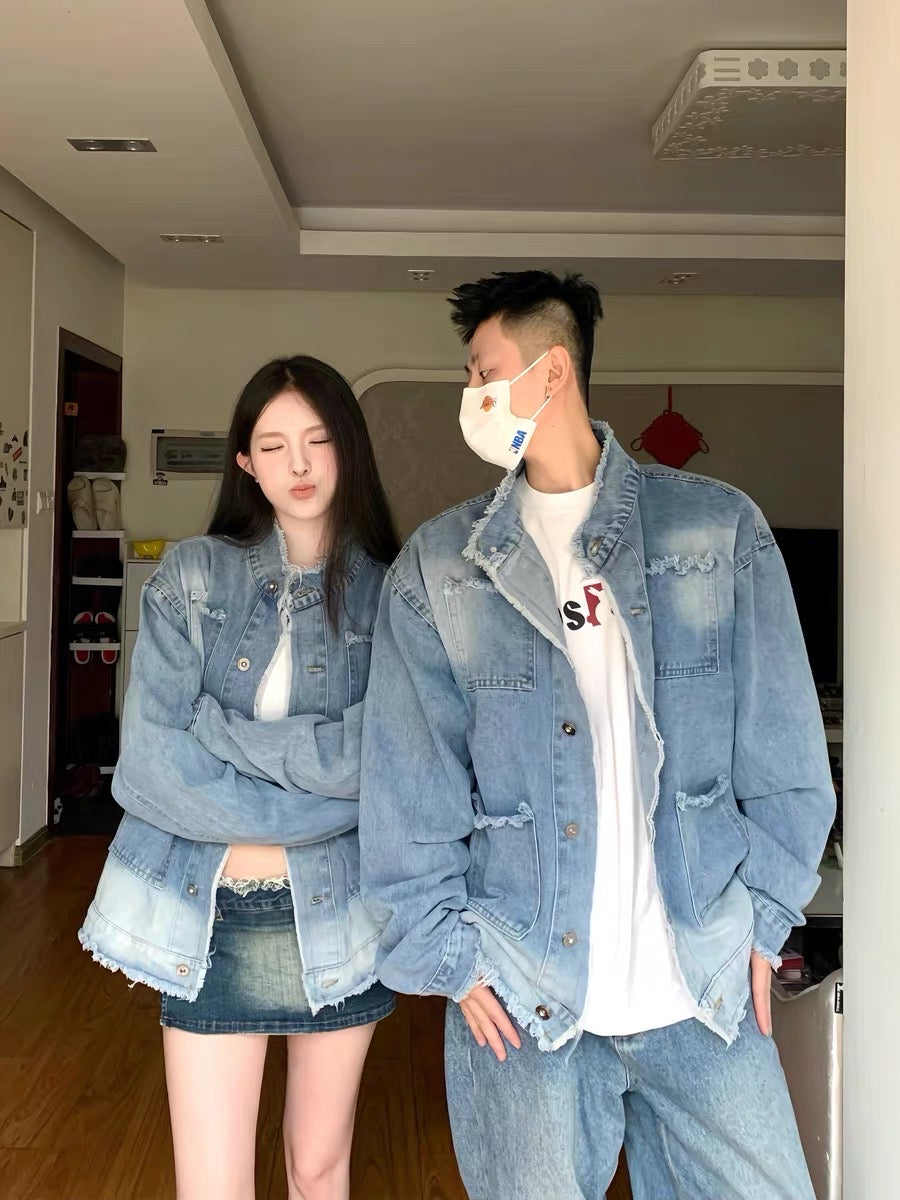 Raw edge stand collar washed denim jacket men's autumn 2023 new multi-pocket retro old gradient couple jacket