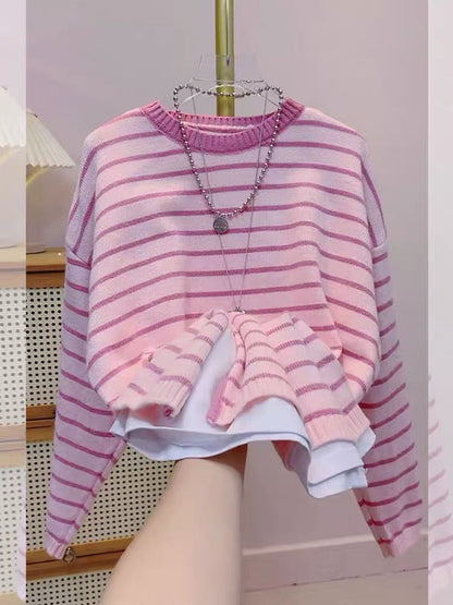 Cotton color 2023 autumn women's design niche chic striped sweater gentle wind soft waxy Korean sweater summer (S151)