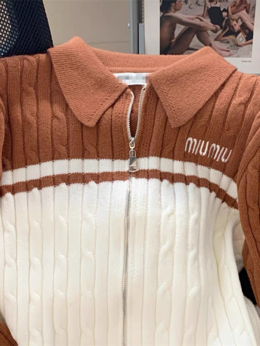 European station 2023 early autumn new letter embroidered zipper contrasting color polo collar long-sleeved wool knitted cardigan women's fashion V1121