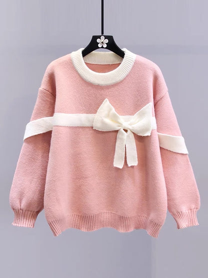 Japanese sweet red bow sweater for women autumn and winter 2023 new loose lazy style soft waxy sweater top