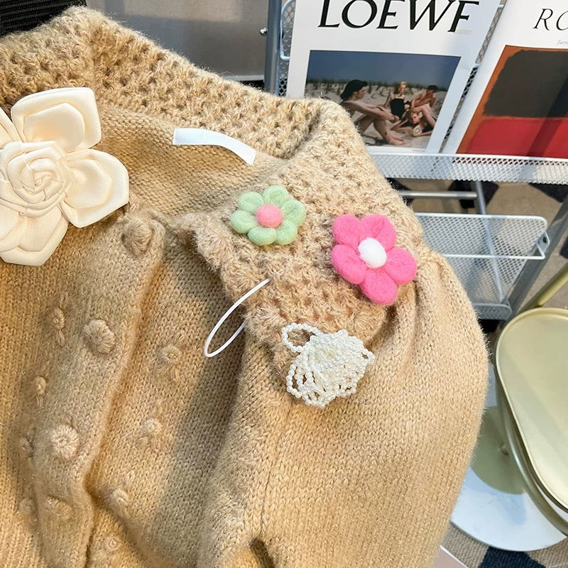 Korean style heavy industry crocheted doll collar three-dimensional flower puff sleeves short sweater women's sweater autumn and winter new style