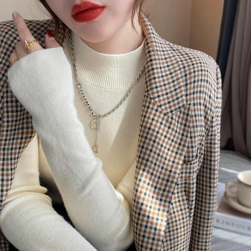 Women's knitted sweater spring and autumn half-high collar bottoming sweater Chanel style inner wear autumn and winter woolen sweater 2024 new tops