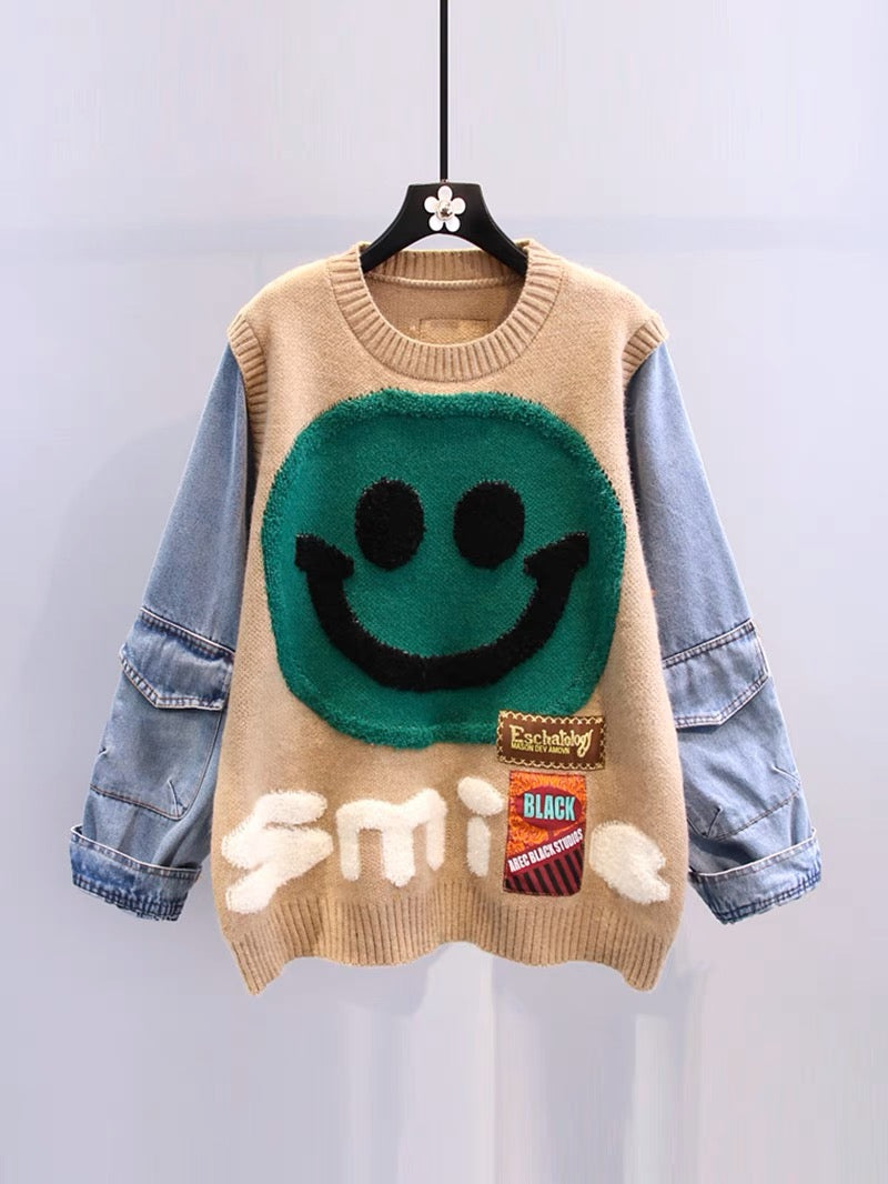 Denim stitching cartoon smiley face sweater for women winter 2022 new Japanese style lazy style loose outer knitted top