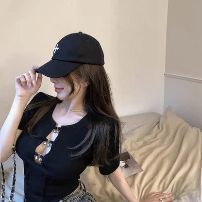 Sexy scheming hollow short-sleeved front shoulder T-shirt female slimming unique design niche hot girl slim one-piece top summer