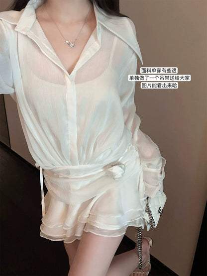 FairyJiang early spring new white shirt dress waist strap cake skirt short skirt with camisole