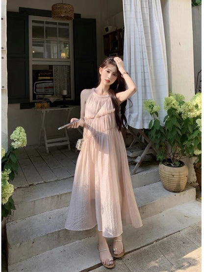 Holiday style pink hanging neck dress women's summer 2023 new sweet design sense niche temperament mid-length skirt l