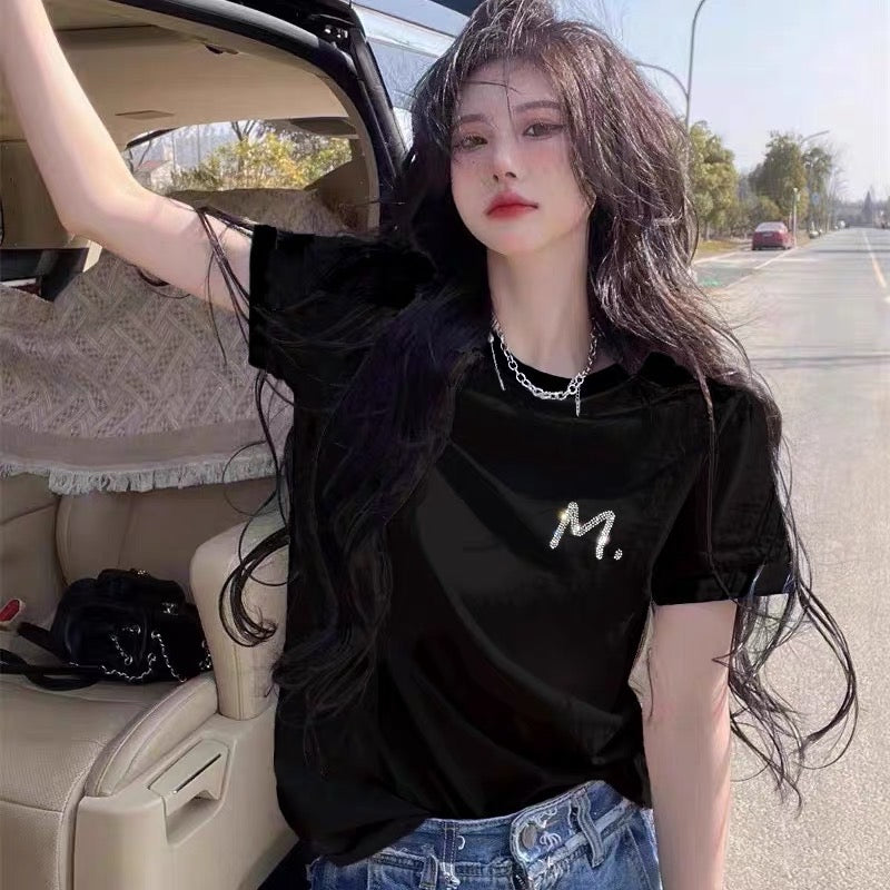 European goods 2023 new black t-shirt women's heavy industry hot diamond letters loose round neck shoulder short sleeve women's summer ins