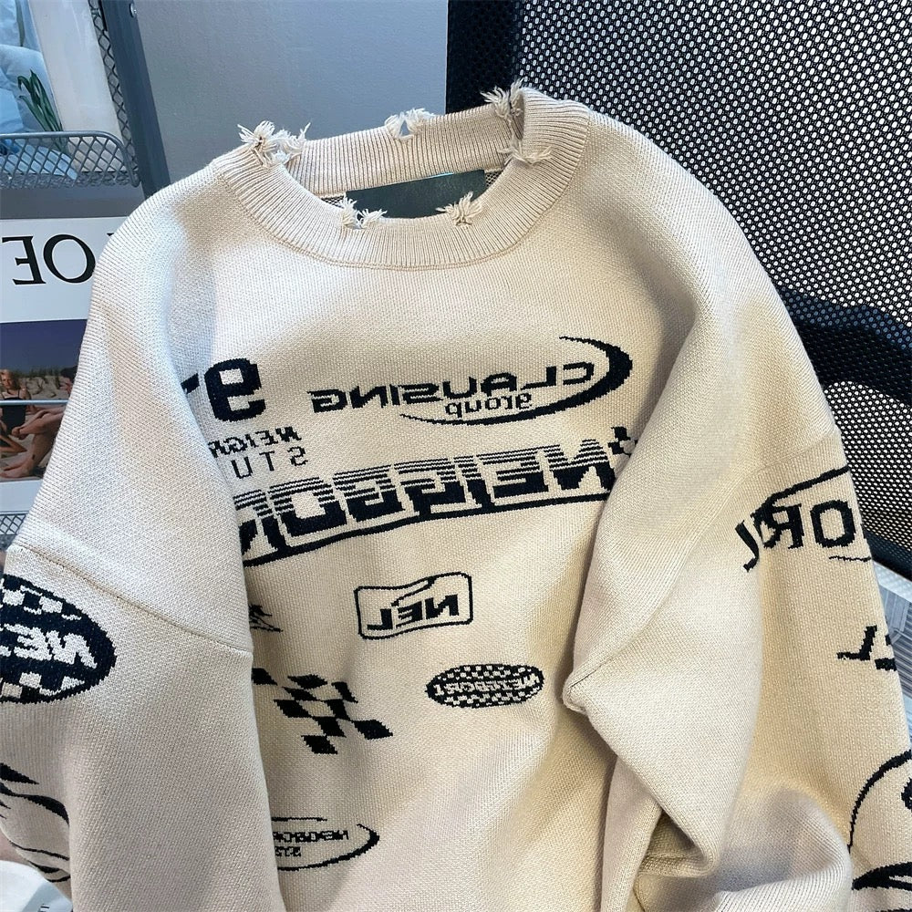 American high street retro oversize racing suit sweater men and women autumn and winter bf lazy wind hole knit sweater jacket