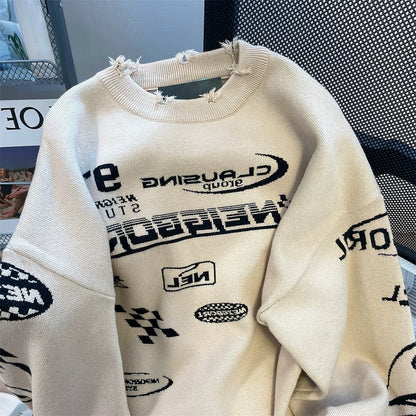 American high street retro oversize racing suit sweater men and women autumn and winter bf lazy wind hole knit sweater jacket