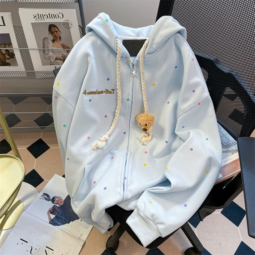 Milk fufu lazy cute colorful polka dot bear sweater men and women spring and autumn stylish small hooded jacket cardigan