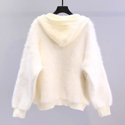 Japanese cartoon imitation mink hooded sweater jacket for women autumn and winter 2023 new loose design knitted cardigan (S3337)