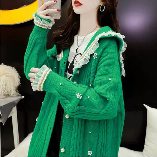 Sweater knitted cardigan coat for women autumn and winter thickened 2023 new loose lazy printed western style long-sleeved top for women