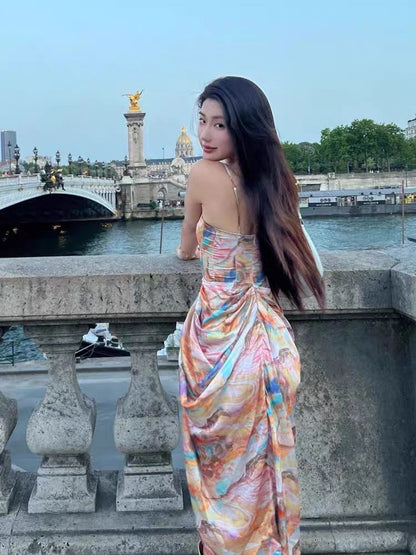 French unique and beautiful babes high-end sexy backless satin floral dress female summer seaside holiday dress