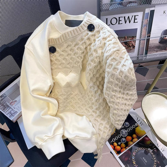 Sweet art student niche knitted splicing sweater jacket men and women autumn and winter loose lazy style irregular tops