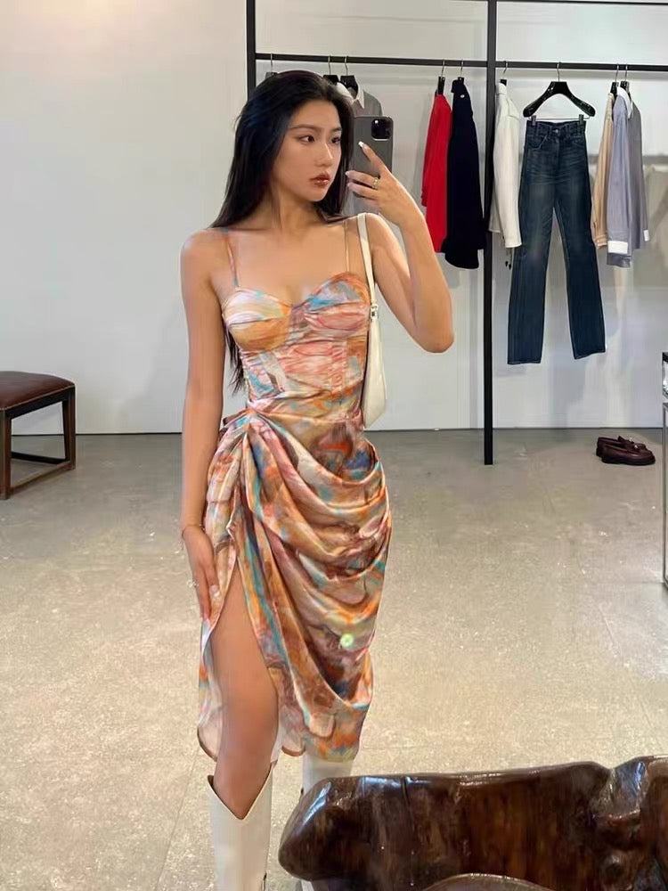 French unique and beautiful babes high-end sexy backless satin floral dress female summer seaside holiday dress