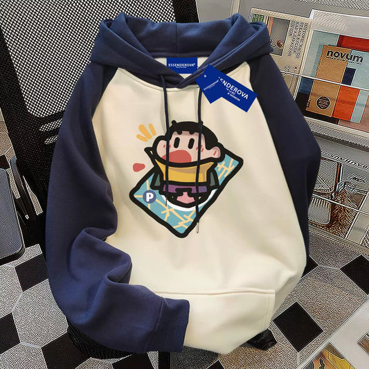 American cute crayon shinchan hooded stitching contrast color sweater for women autumn and winter plus velvet new trendy couple tops