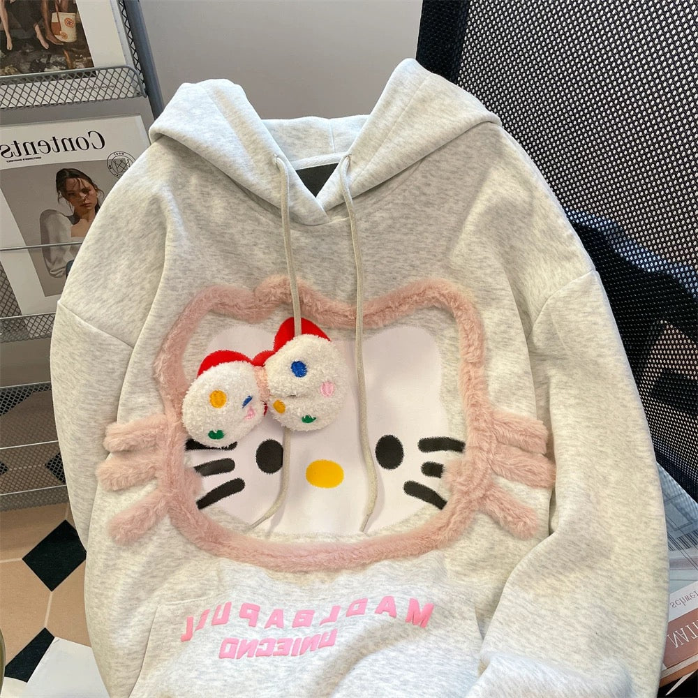 Cute and lovely three-dimensional plush Hello Kitty hooded sweatshirt for men and women in spring and autumn, sweet and unique, super beautiful tops and jackets